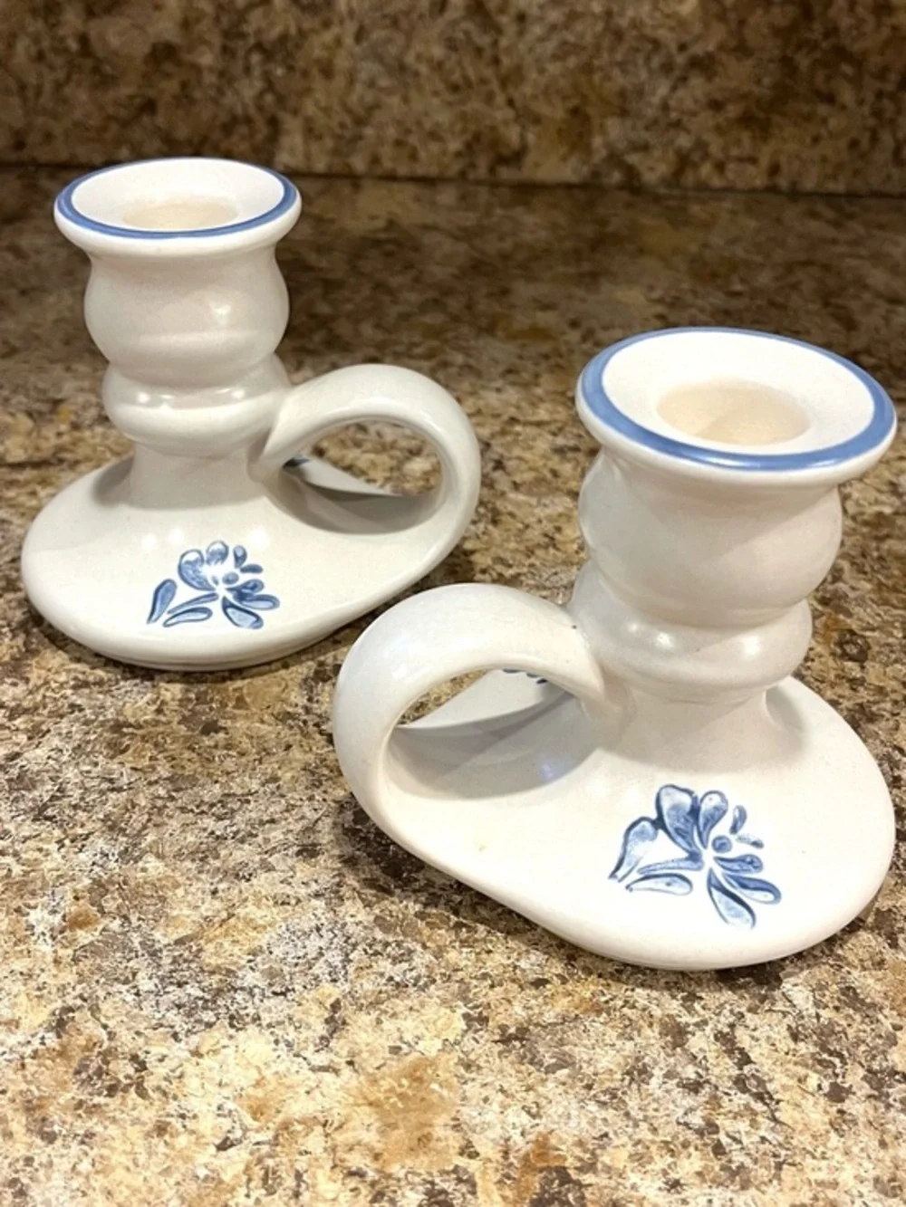 Vintage Pfaltzgraff Yorktowne White and Blue Floral Candle Holders - Set of 2